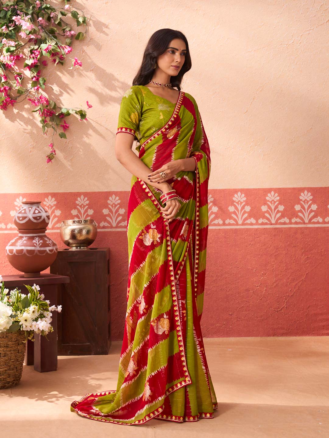 Green floral printed chiffon saree casual wear