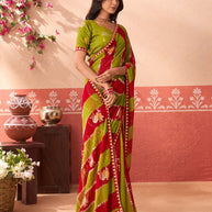 Green floral printed chiffon saree casual wear