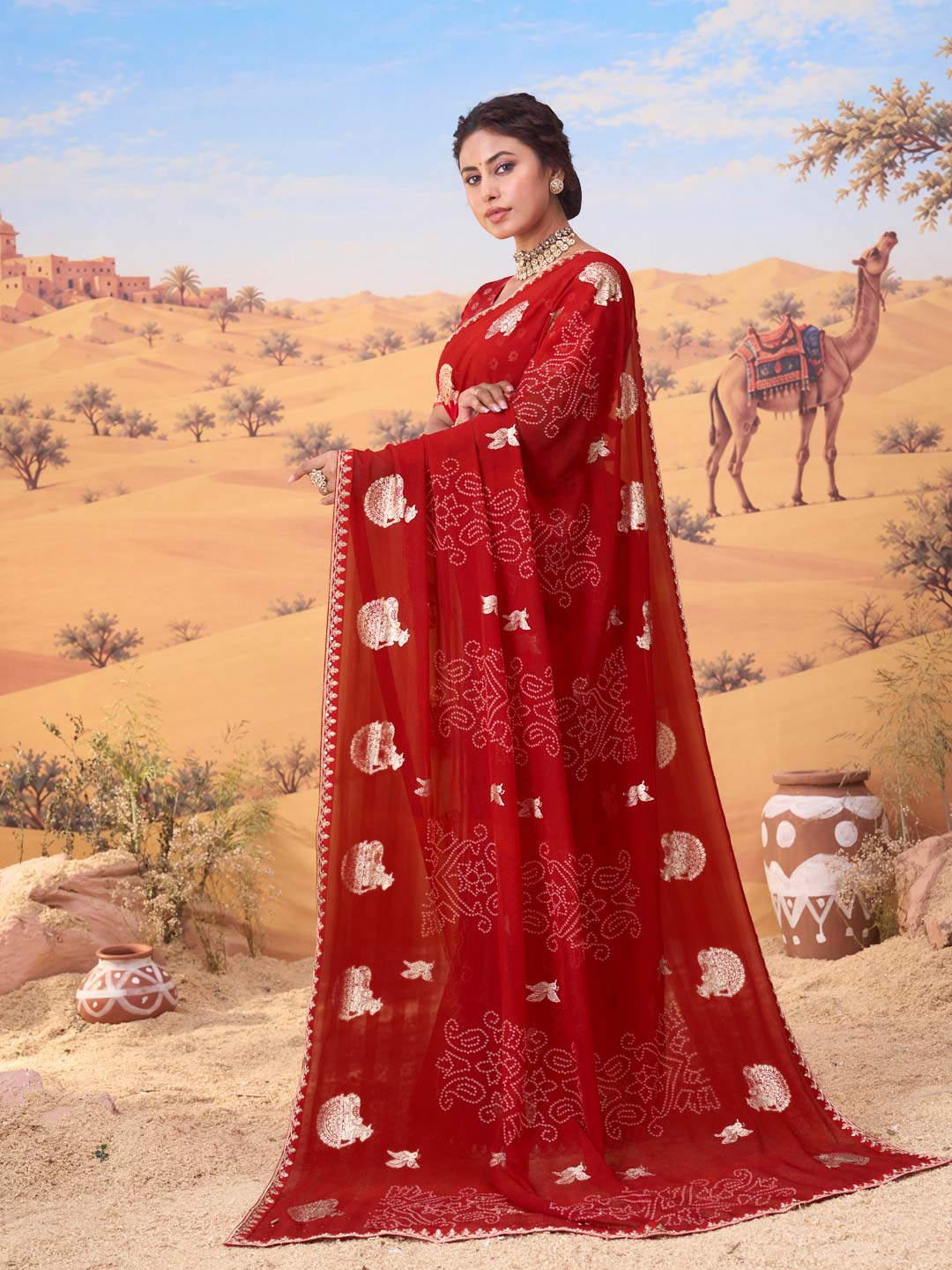 Red bandhani printed georgette saree casual wear