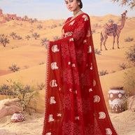 Red bandhani printed georgette saree casual wear