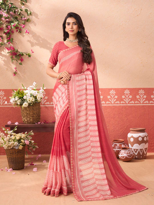 Orange floral printed chiffon saree party wear