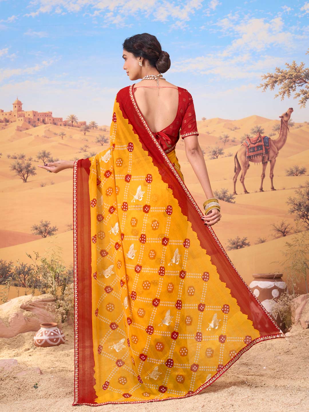 Orange bandhani printed georgette saree party wear