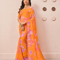 Orange floral printed georgette saree party wear