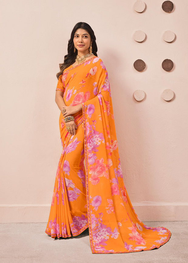 Orange floral printed georgette saree party wear