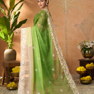 Green floral embroidered tissue organza saree daily wear
