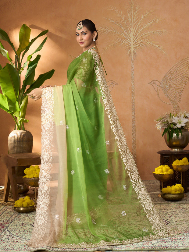 Green floral embroidered tissue organza saree daily wear