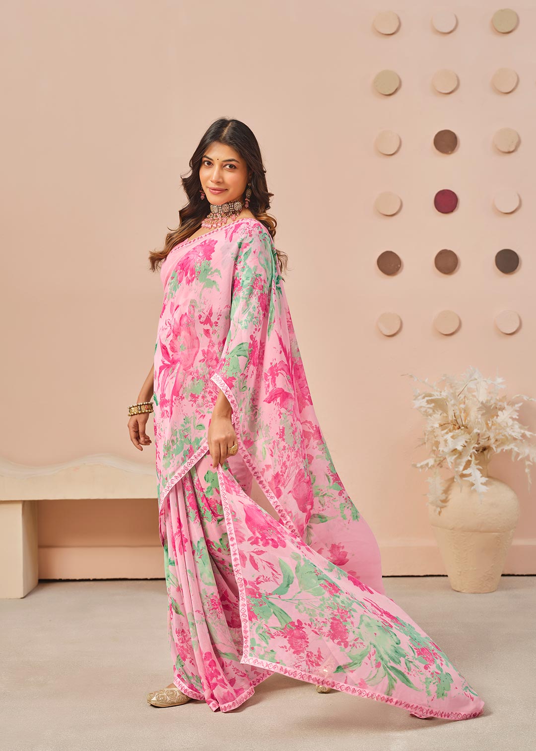 Pink floral printed georgette saree casual wear
