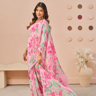 Pink floral printed georgette saree casual wear