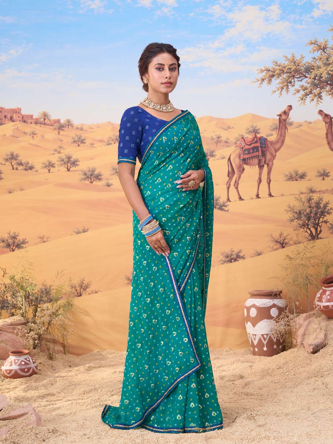 Teal Blue bandhani printed georgette saree casual wear