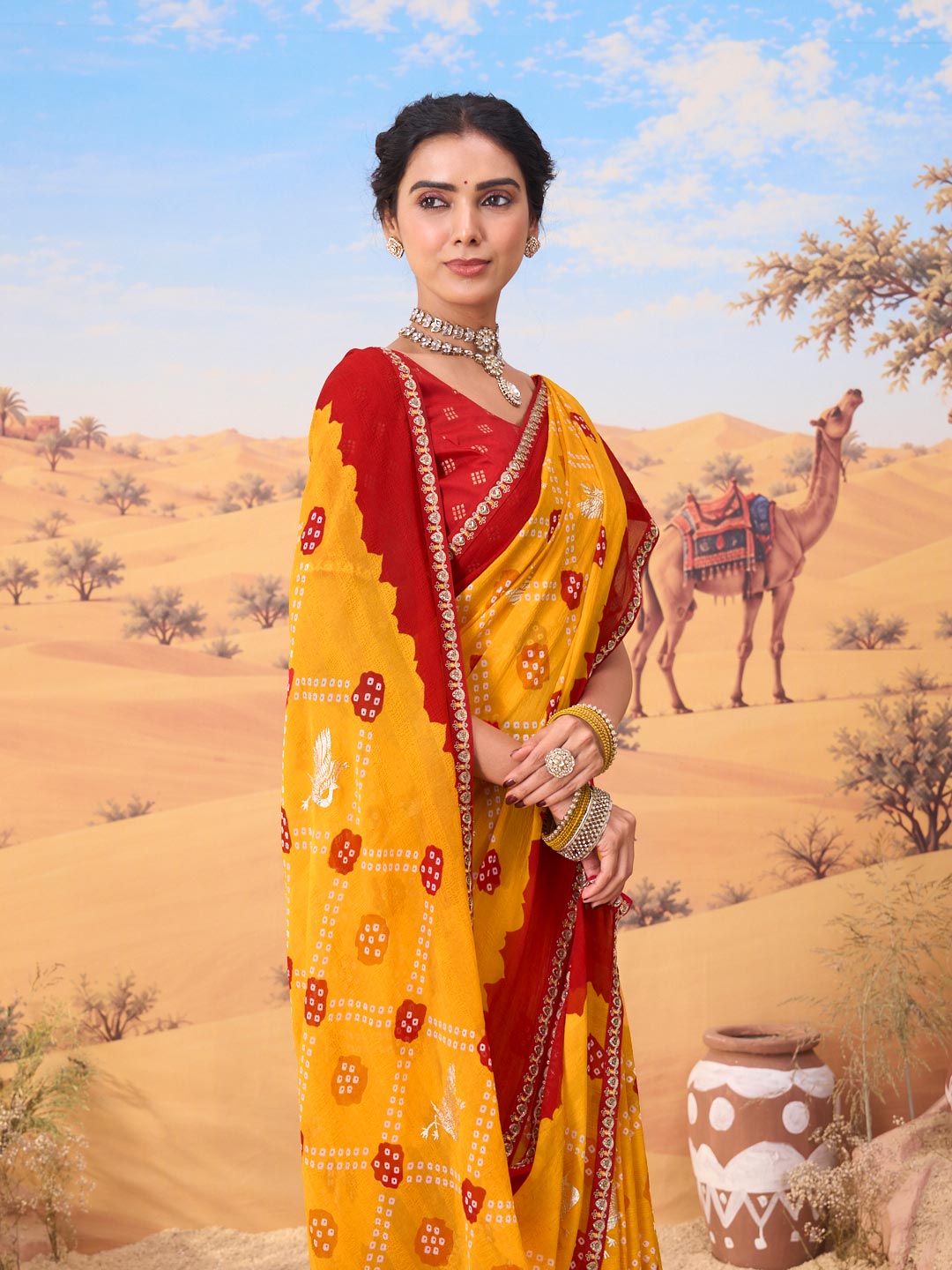 Orange bandhani printed georgette saree wedding wear