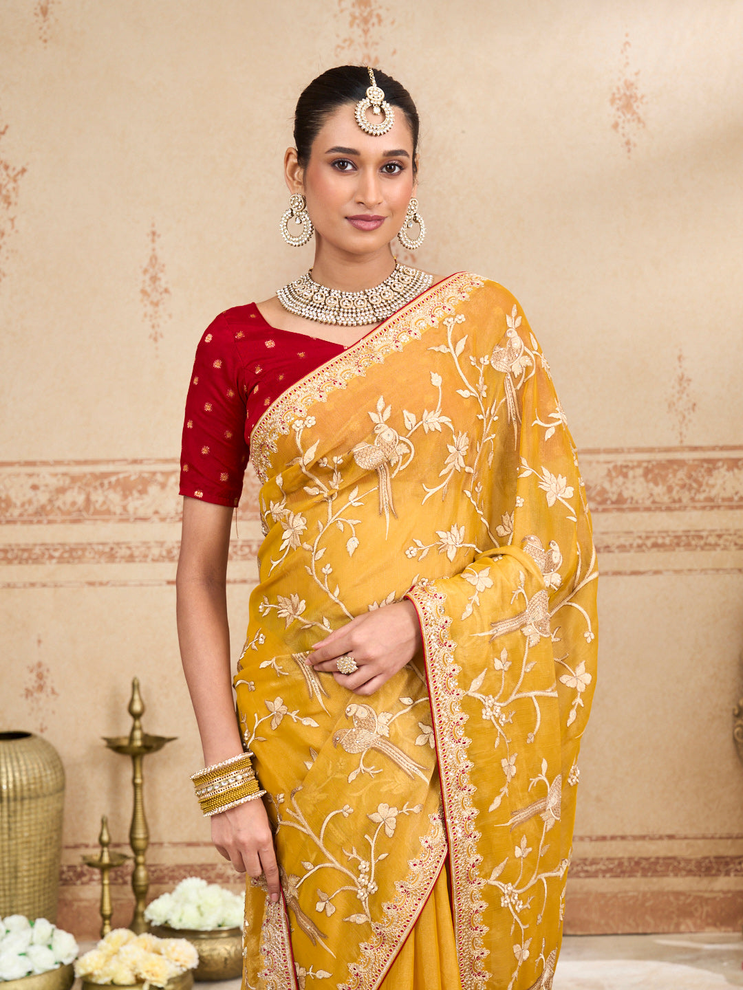 yellow organza saree