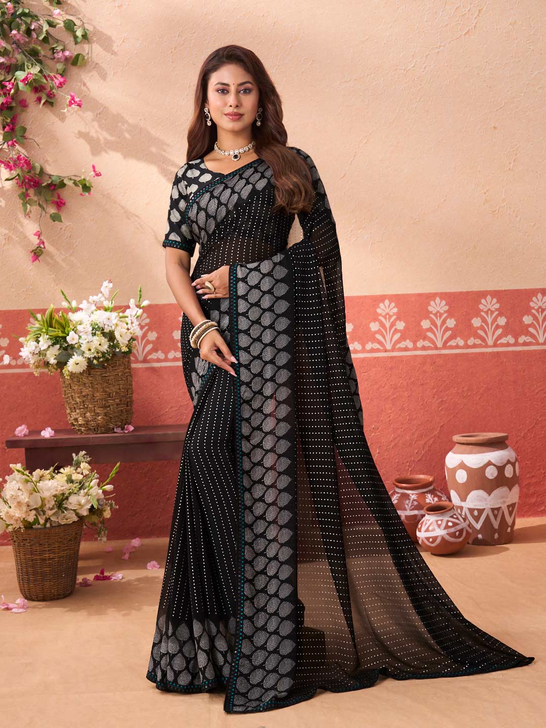 Black geometric printed georgette saree party wear