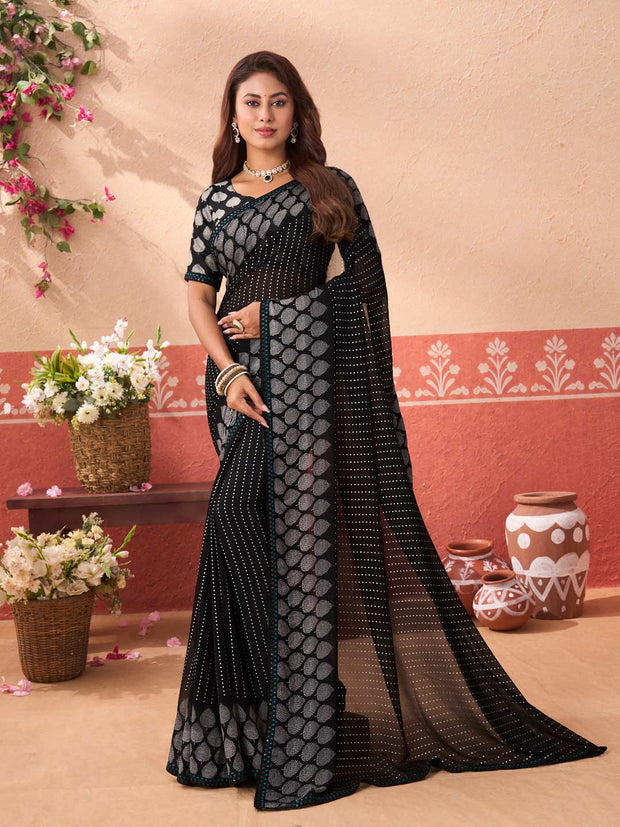 Black geometric printed georgette saree party wear