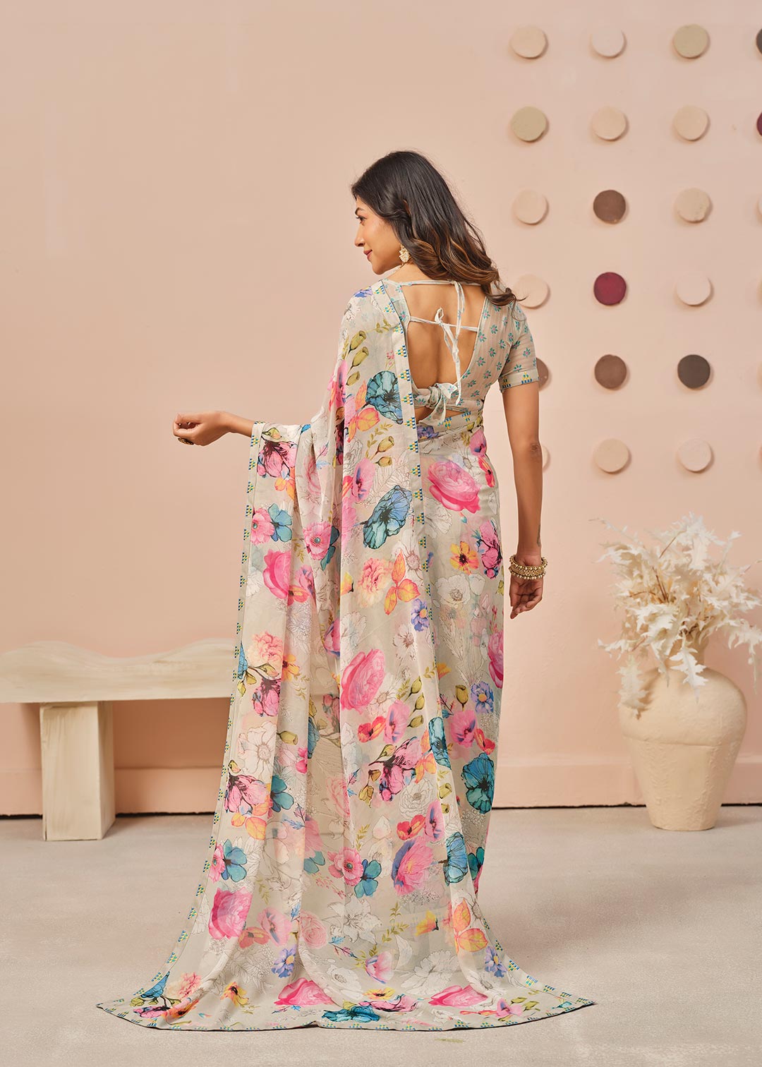 Grey floral printed georgette saree casual wear