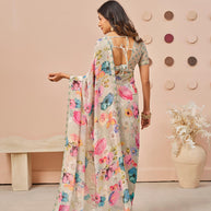 Grey floral printed georgette saree casual wear