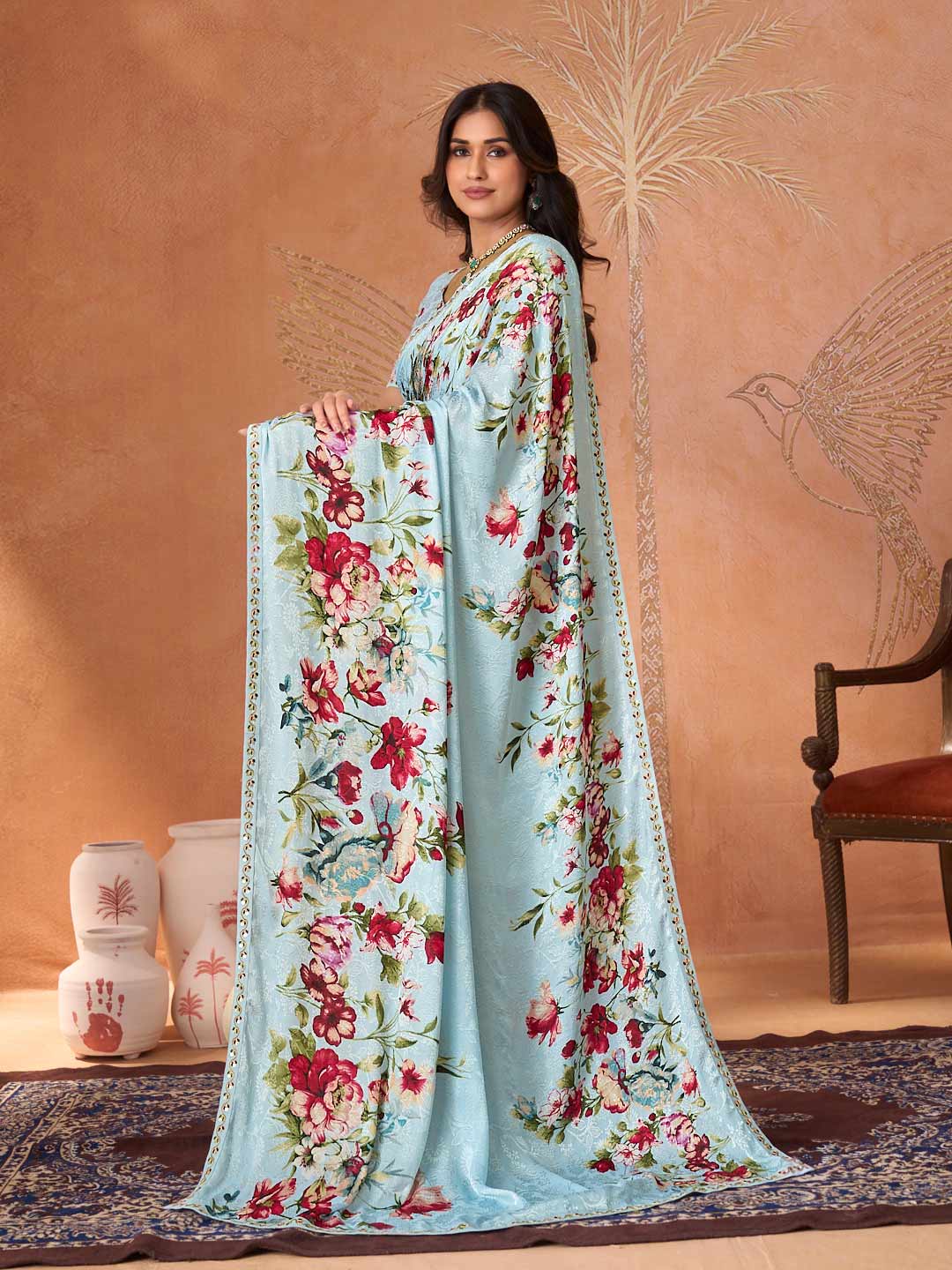 Blue embroidered silk blend saree daily wear