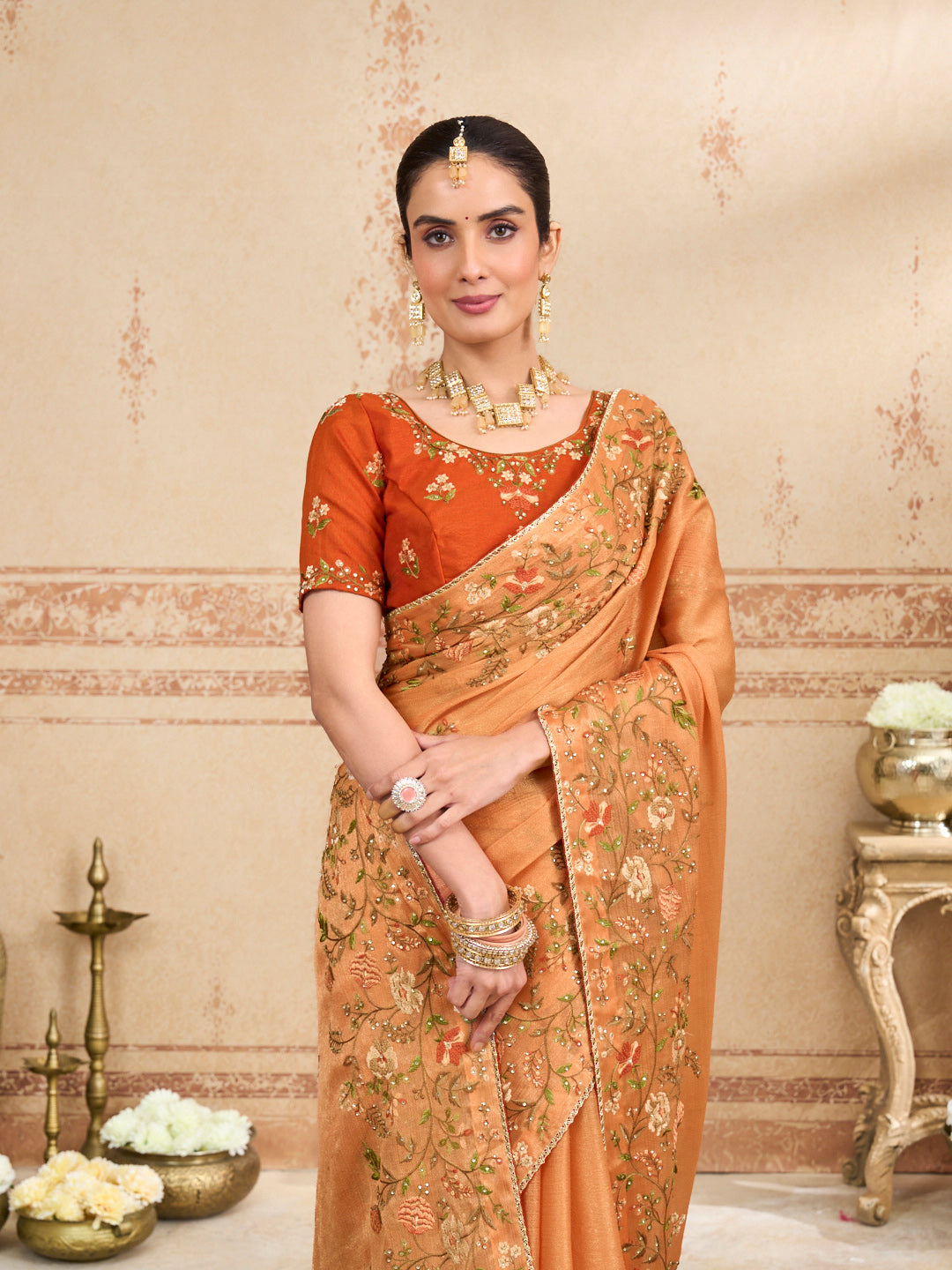 rust orange saree