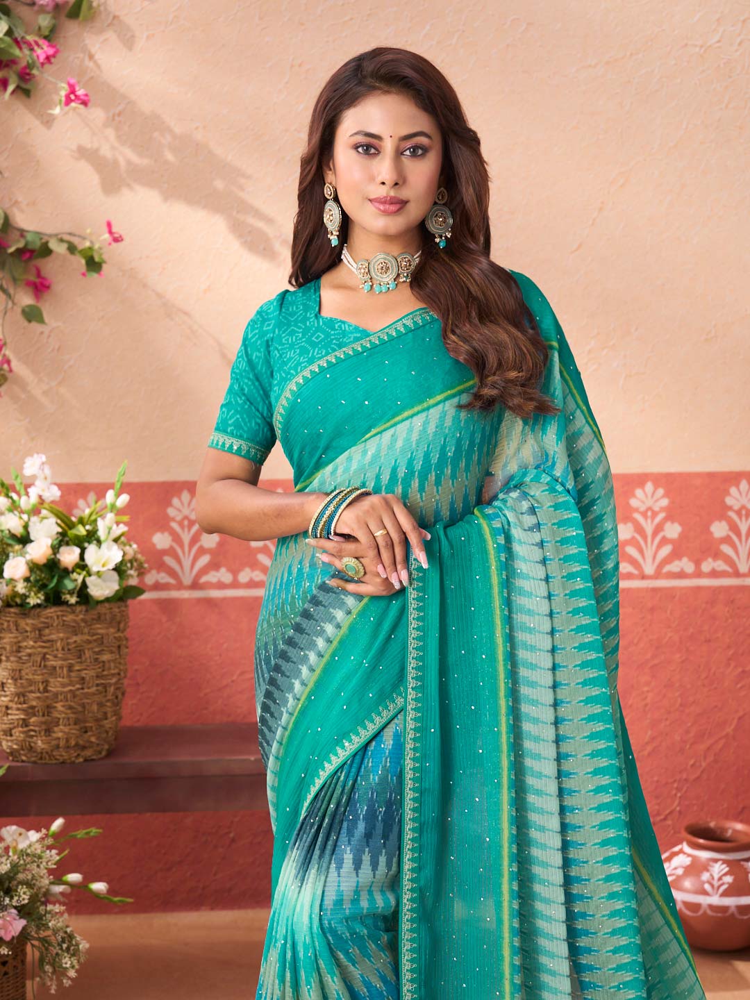 Blue printed chiffon saree wedding wear