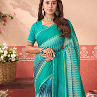 Blue printed chiffon saree wedding wear