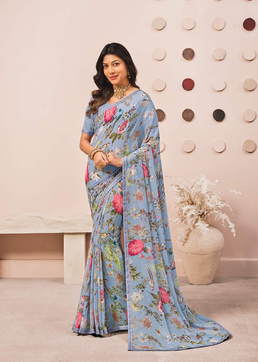 Blue floral printed georgette saree daily wear