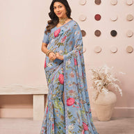 Blue floral printed georgette saree daily wear