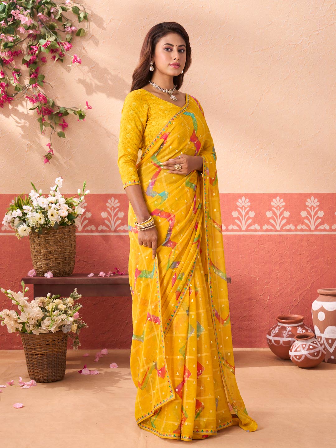 Yellow geometric printed chiffon saree wedding wear