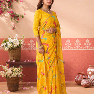 Yellow geometric printed chiffon saree wedding wear