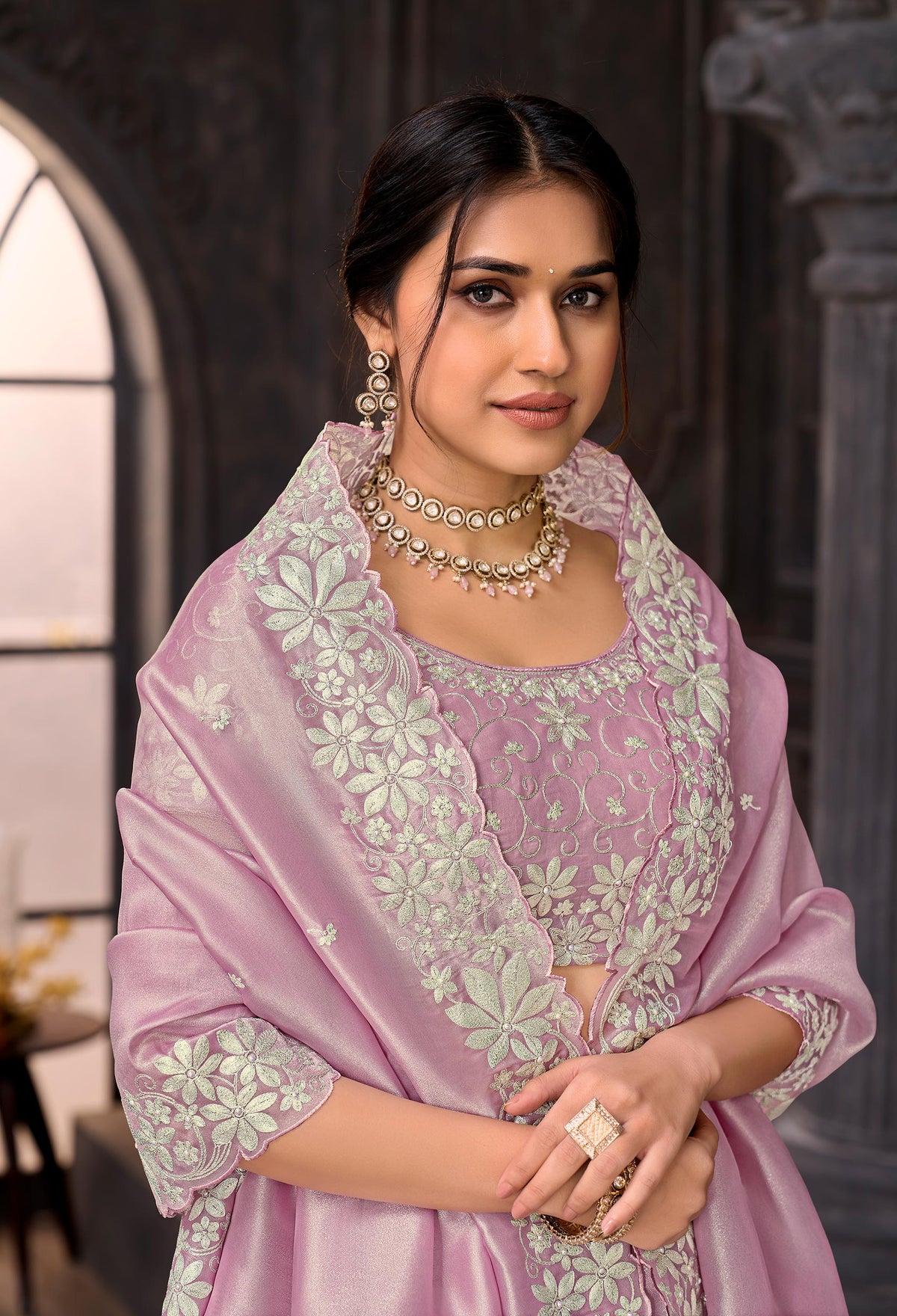 Purple embroidered tissue organza saree party wear