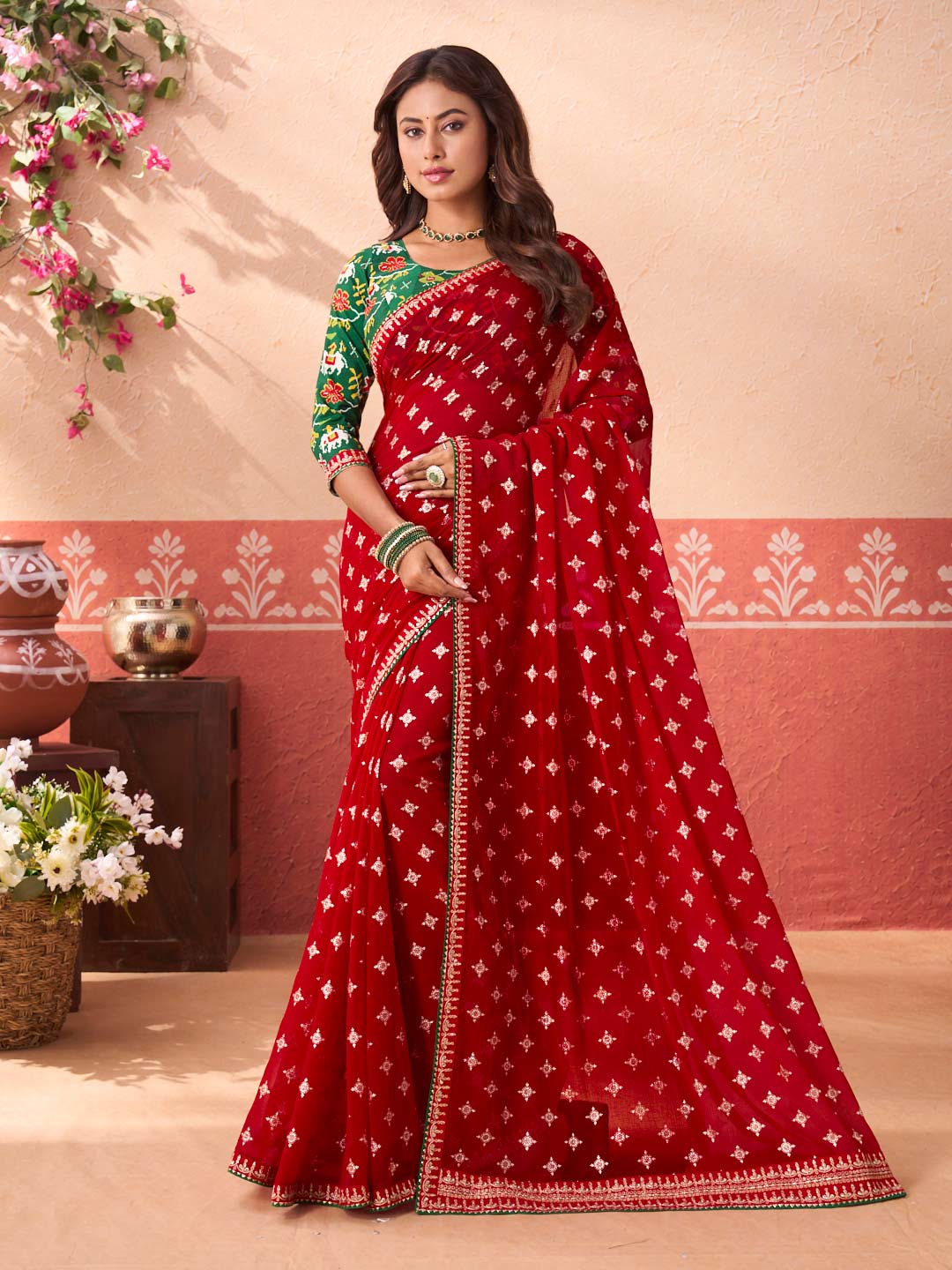 Red printed georgette saree daily wear