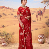 Red bandhani printed georgette saree daily wear