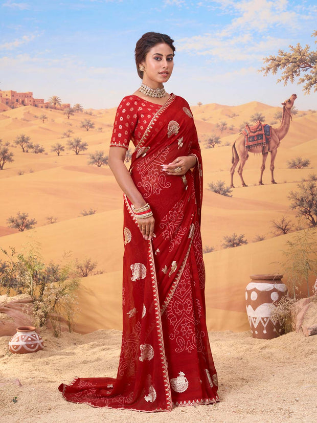 Red bandhani printed georgette saree daily wear