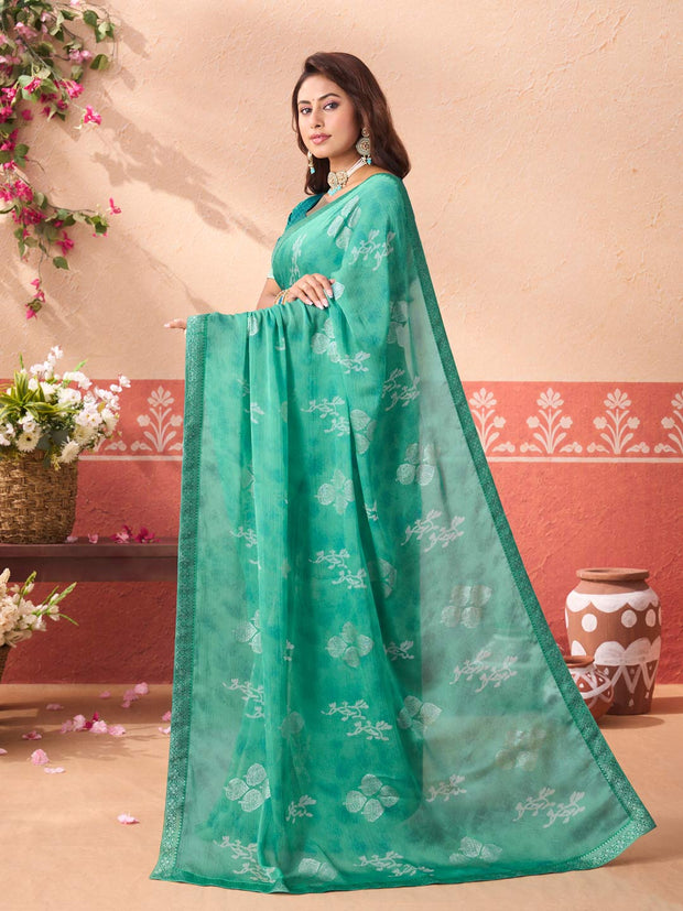 Blue floral printed silk blend saree daily wear