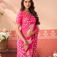 Pink floral printed chiffon saree wedding wear