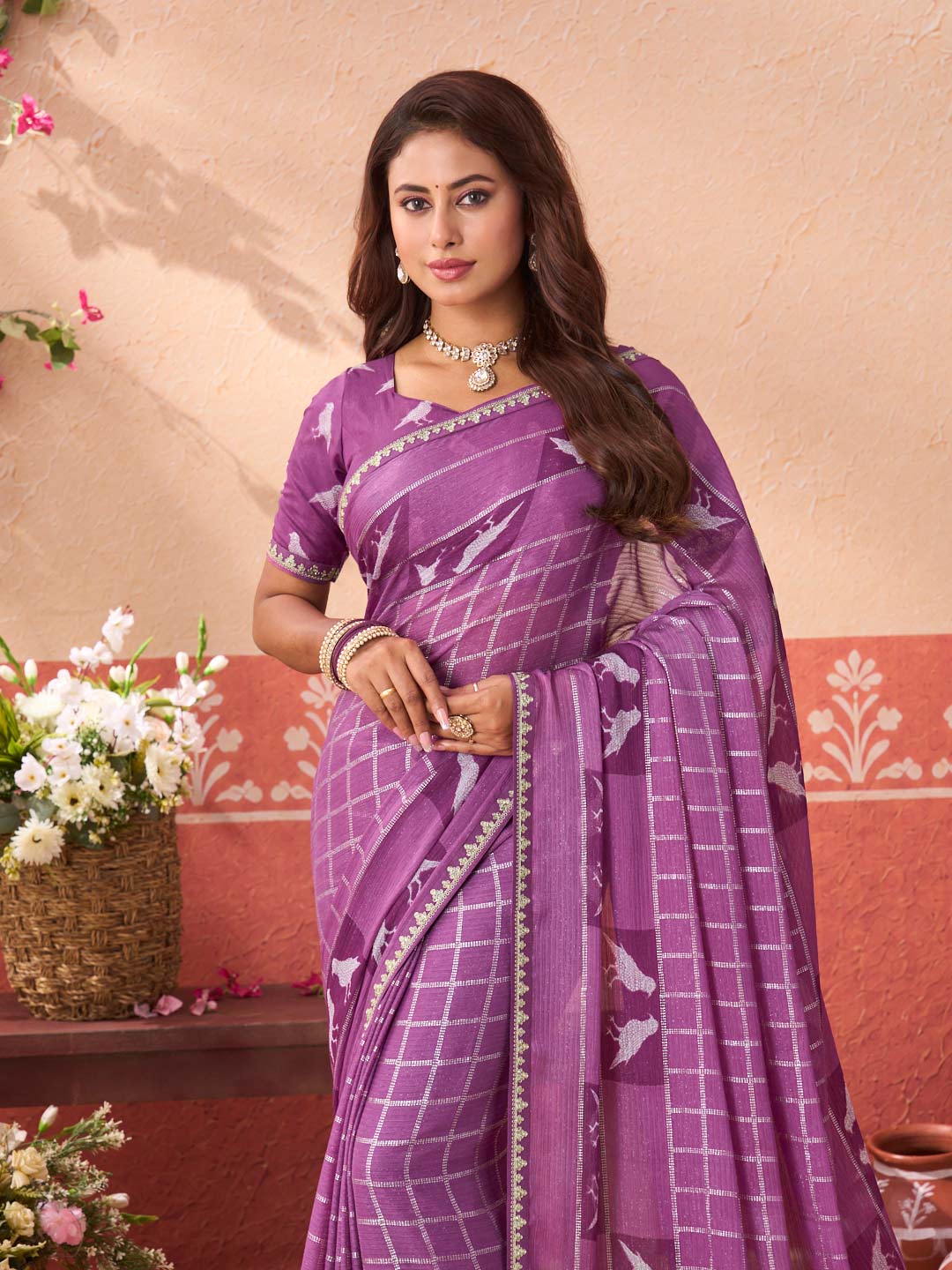 Purple printed chiffon saree wedding wear