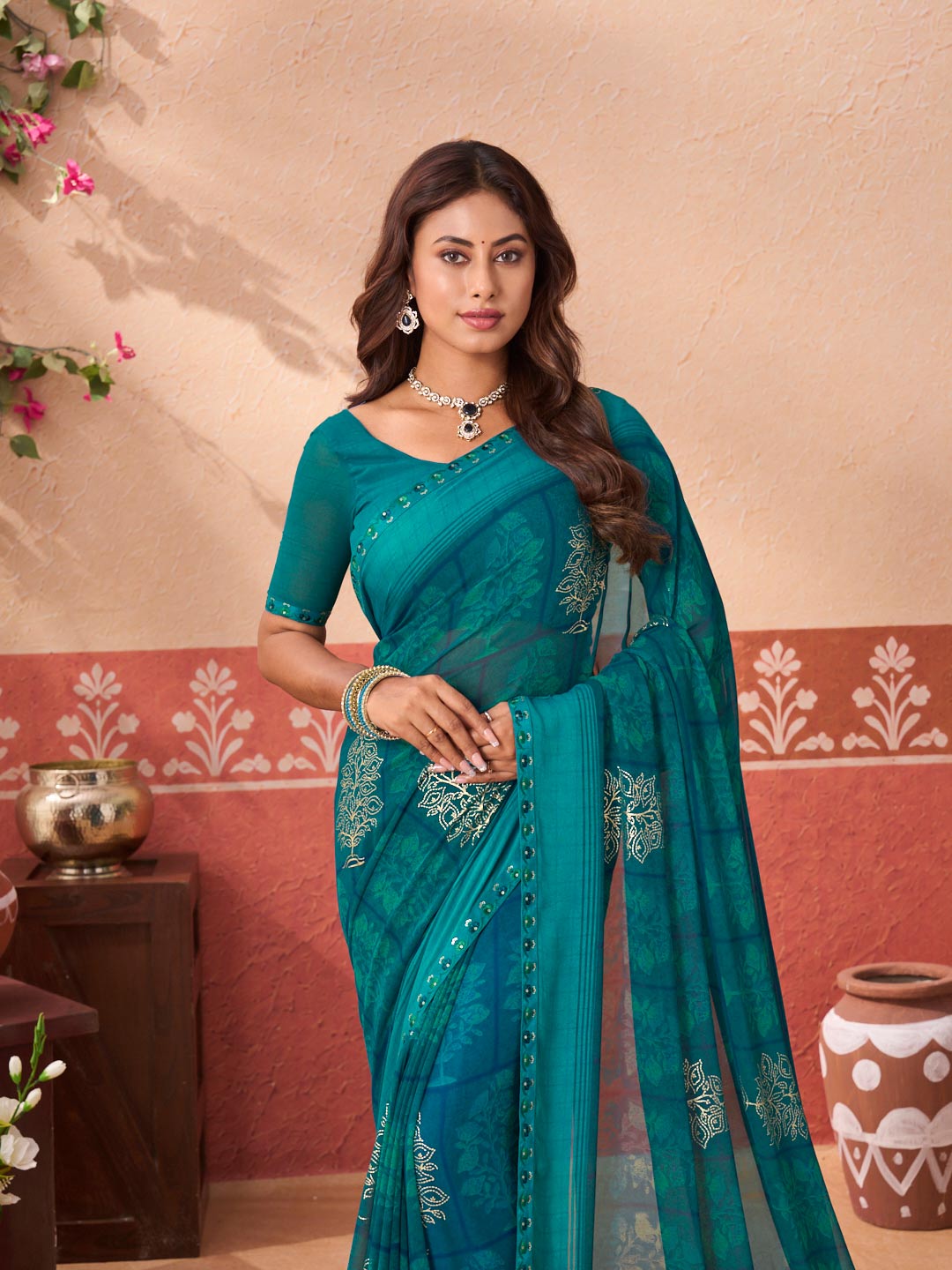Teal Green floral printed georgette saree wedding wear