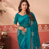 Teal Green floral printed georgette saree wedding wear