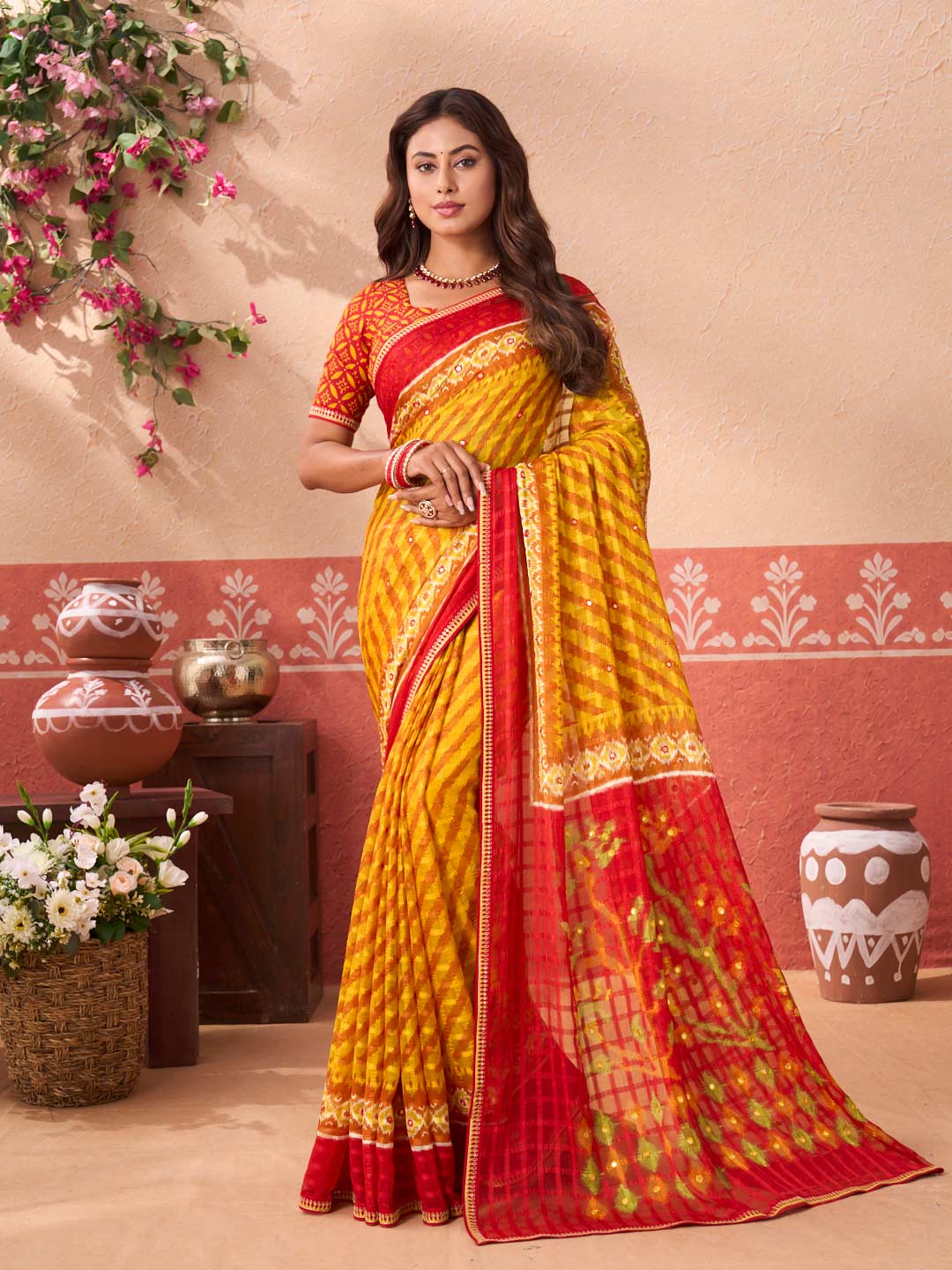 Mustard floral printed chiffon saree daily wear