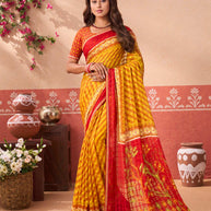Mustard floral printed chiffon saree daily wear