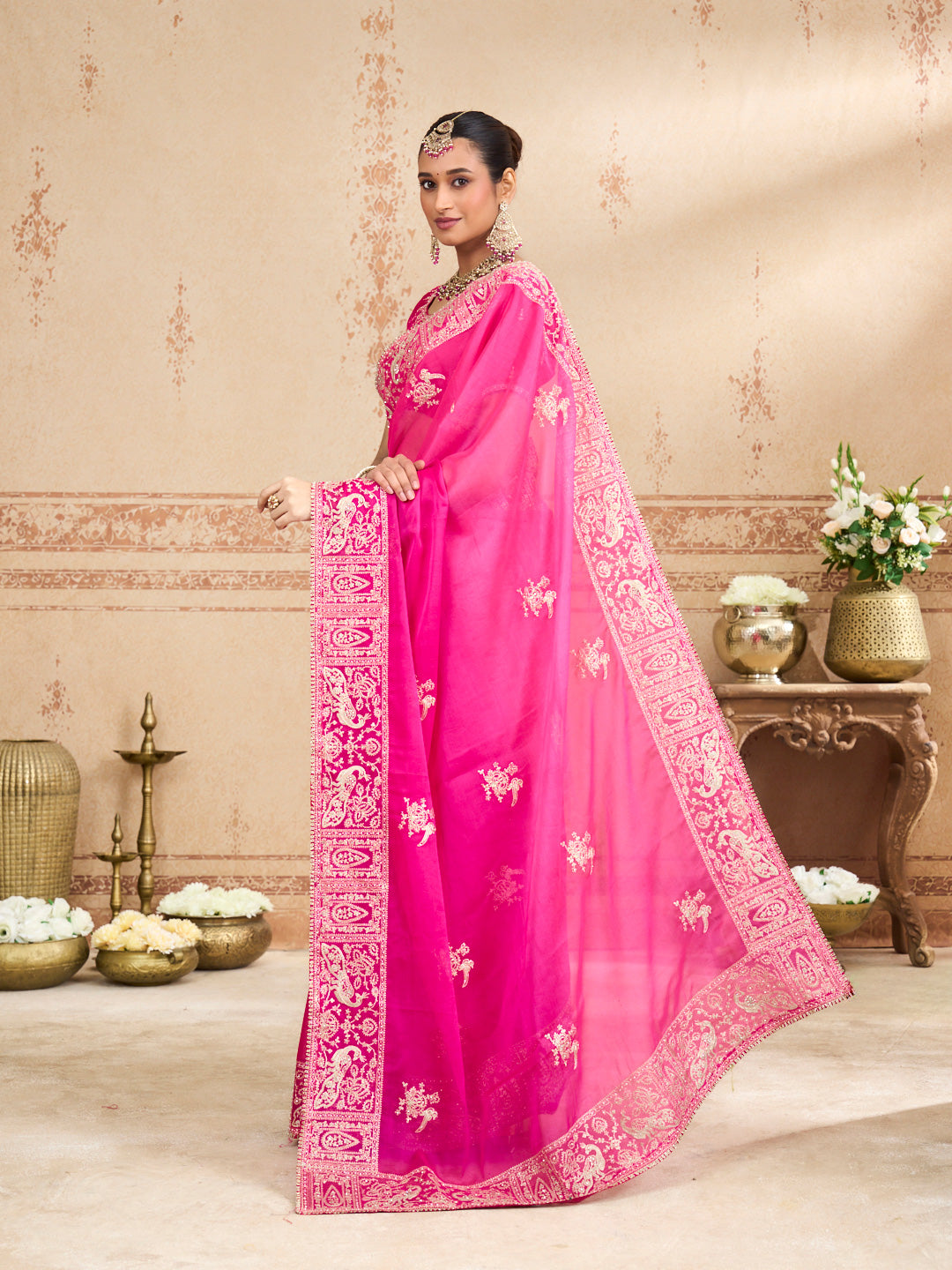 Pink embroidered tissue organza saree wedding wear