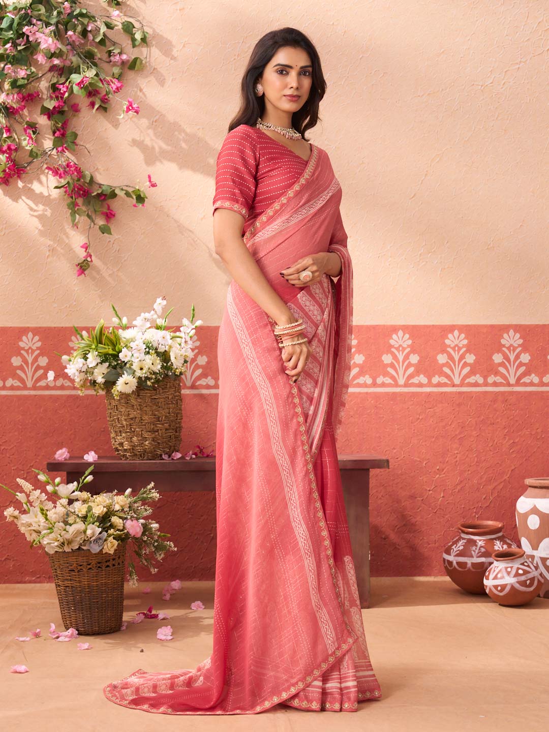 Orange floral printed chiffon saree casual wear