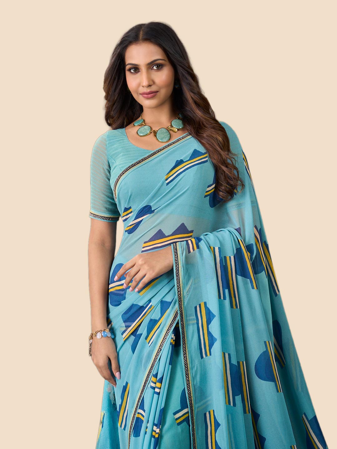 Laxmipati Rudramala Blue Georgette Geometric Printed Saree