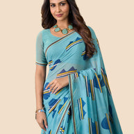 Laxmipati Rudramala Blue Georgette Geometric Printed Saree