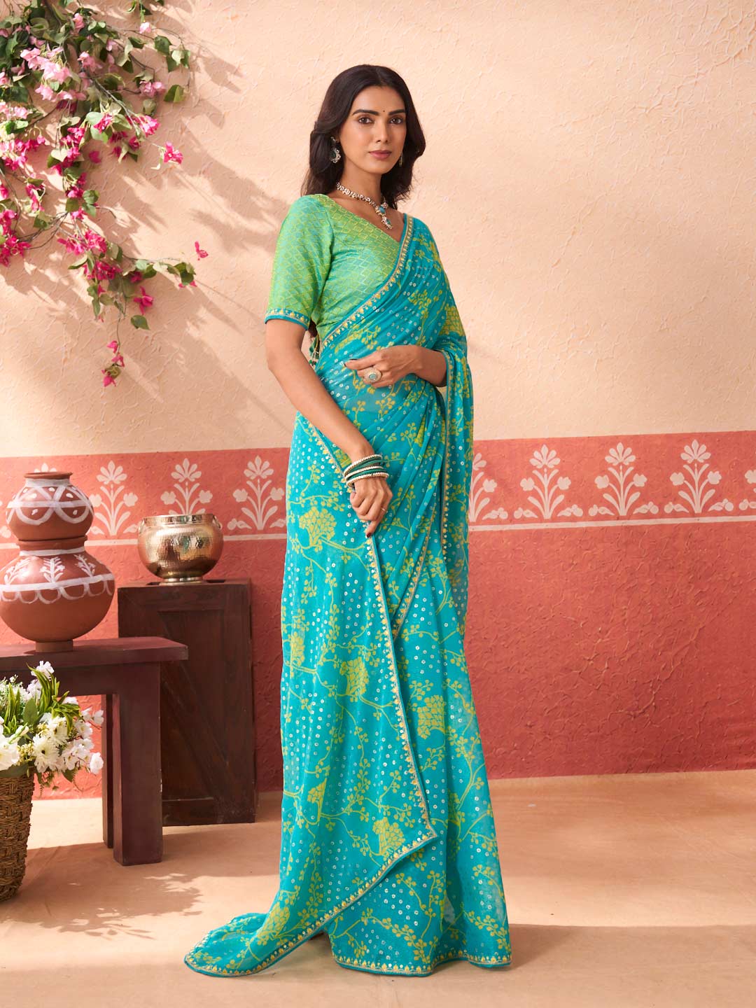 Blue printed silk blend saree casual wear