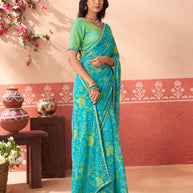 Blue printed silk blend saree casual wear