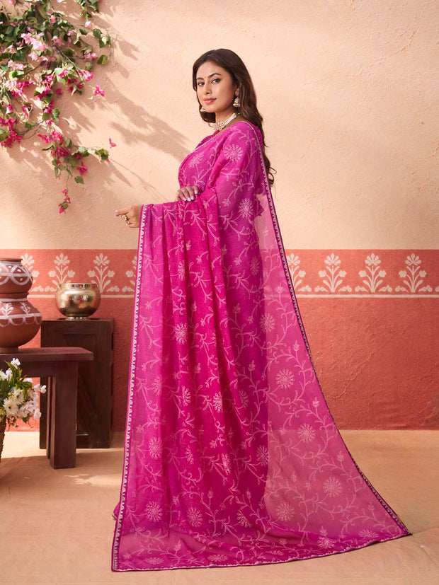 Pink floral printed chiffon saree daily wear