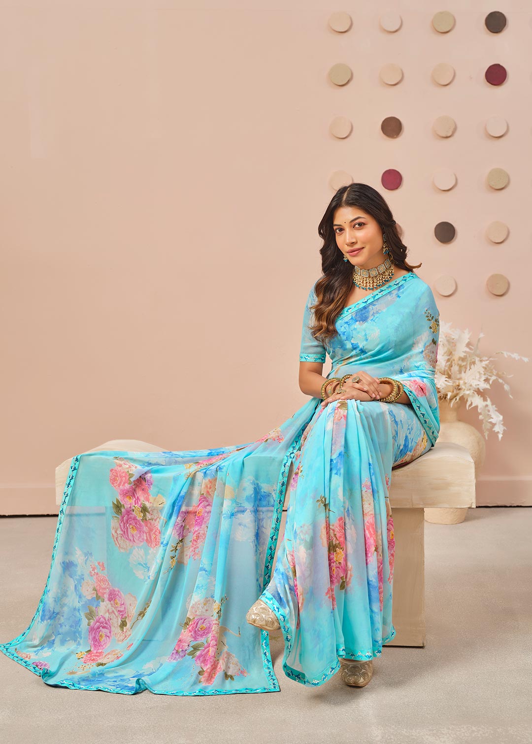 Blue floral printed georgette saree wedding wear