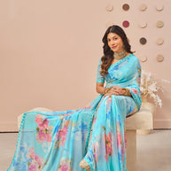 Blue floral printed georgette saree wedding wear
