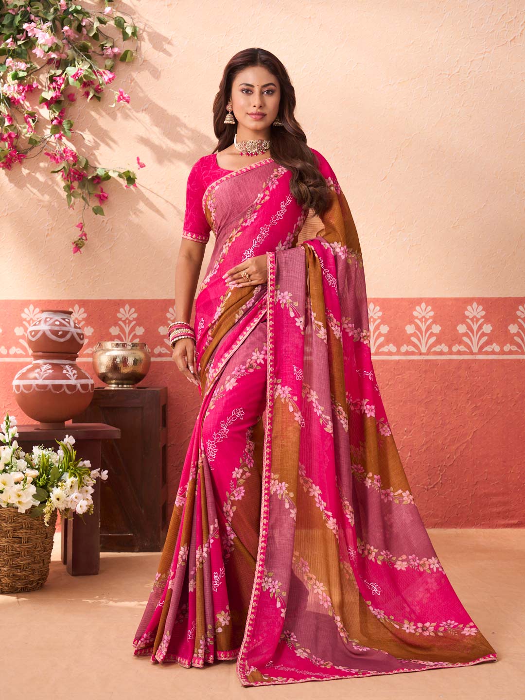 Pink floral printed chiffon saree daily wear