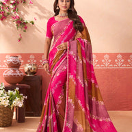 Pink floral printed chiffon saree daily wear