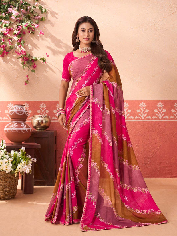 Pink floral printed chiffon saree daily wear